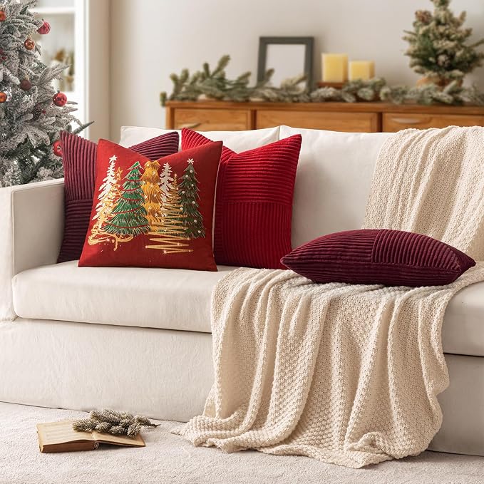 MIULEE Christmas Red Decorative Throw Pillow Covers for Couch 18x18 Inch | 2 Pack, Boho Farmhouse Pillow Covers, Soft Cross Corduroy Patchwork Textured Cushion Cases For Bed Sofa