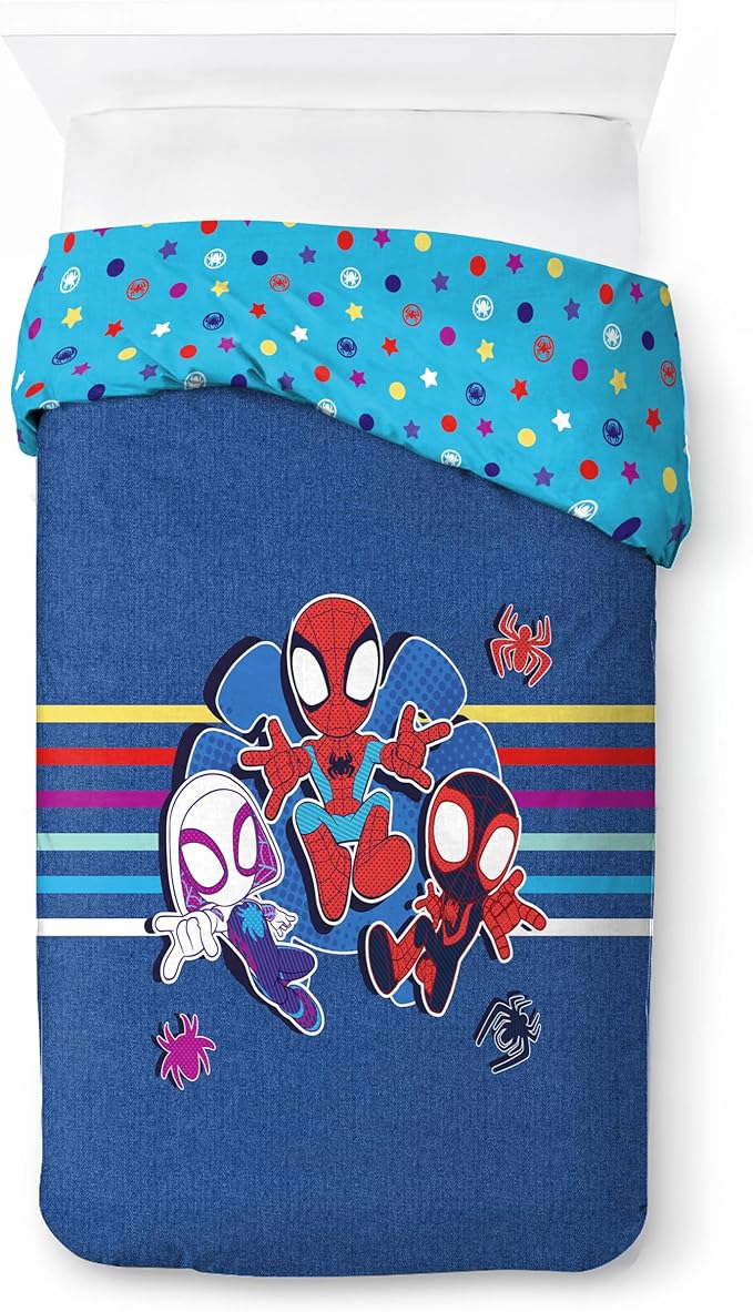 Jay Franco Duvet Cover Set – 3 Piece Comforter Cover and Sham Set, Super Soft Cozy Kids Bedding (Insert Not Included) Blue - Spidey & Friends, Twin