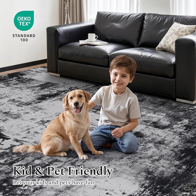 Rugflix 5x7 Area Rugs for Living Room, Washable Black Grey Dark Large Rug | Machine Washable; Stain-Resistant; Low Pile; Non-Slip; Modern Abstract; Carpet for Bedroom Dining Office Nursery Home