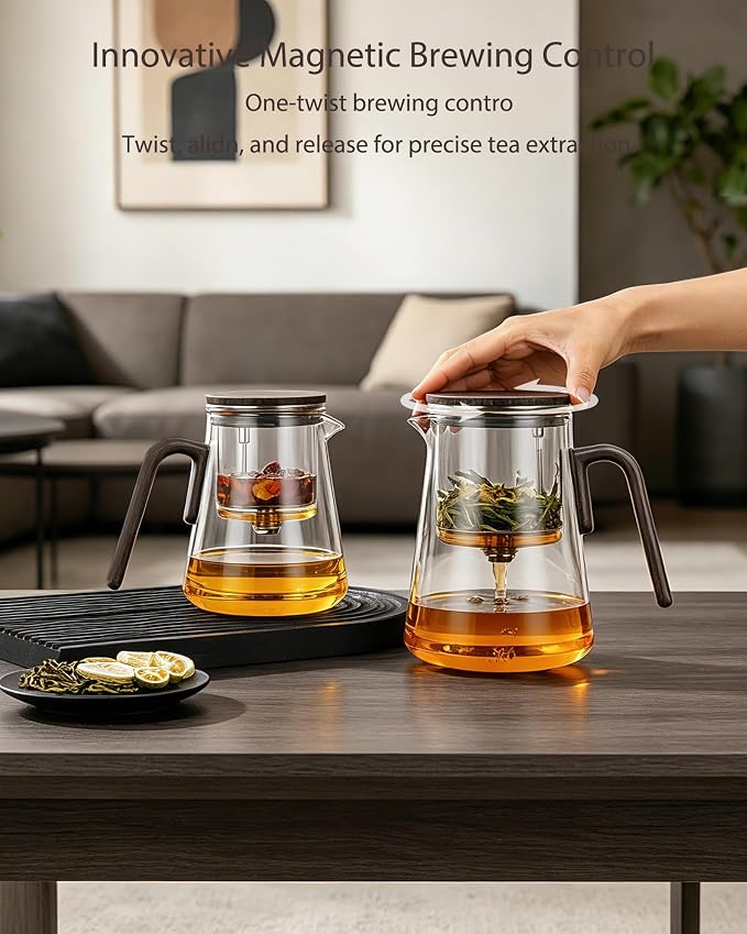 ZENS Magnetic Tea Pot, Large Enchanted Glass Teapot with Infuser and Magnetic Suction Lid for Mess-Free Loose Tea Diffusers, Black Walnut Pattern Handle, Tea Lovers Gifts