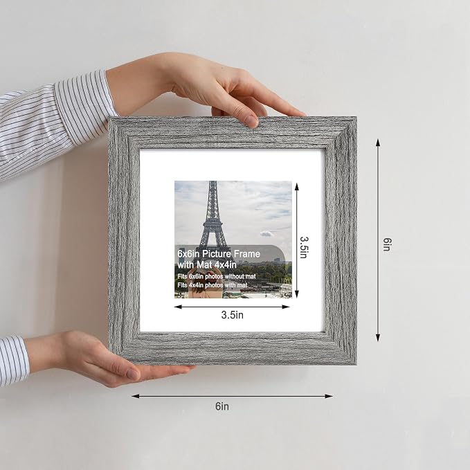 Hongkee 6x6 Picture Frame Set of 4, Made of Glass and Grey Wooden Frame - Display Picture 4x4 with Mat or 6 x 6 Without Mat, 6x6 Photo for Wall or Tabletop