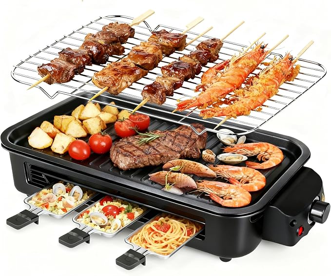 Electric Indoor Grill 1700W 2 in 1 Smokeless Griddle Grill Pan for Kitchen | Temperature Setting Inside Countertop Korean BBQ Grill with Grilling Net & Non-Stick Removable Griddle Plate and 3 Cheese Pan