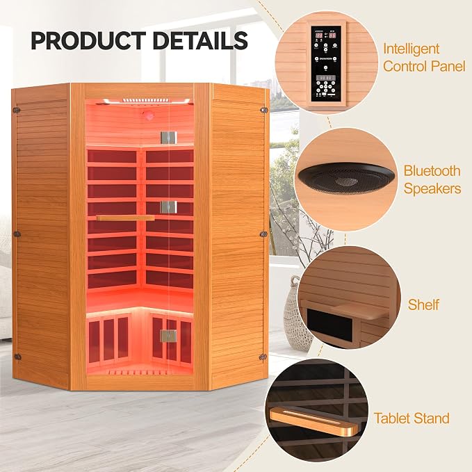 HUGROVE 2-3 Person Low EMF FAR Infrared Sauna for Home, Indoor Canadian Hemlock Dry Heat Sauna Kit with Bluetooth Speakers, LED Lights & Smart Control Panel