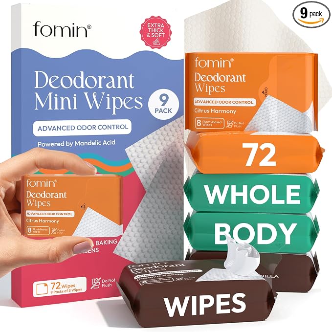 FOMIN Acidified Travel Deodorant Mini Wipes For Women & Men- Variety Pack - 72 Count - pH Balanced, Biodegradeable Mini Deodorant Travel Size Wipes - Plastic-Free, Underarm Body Wipes