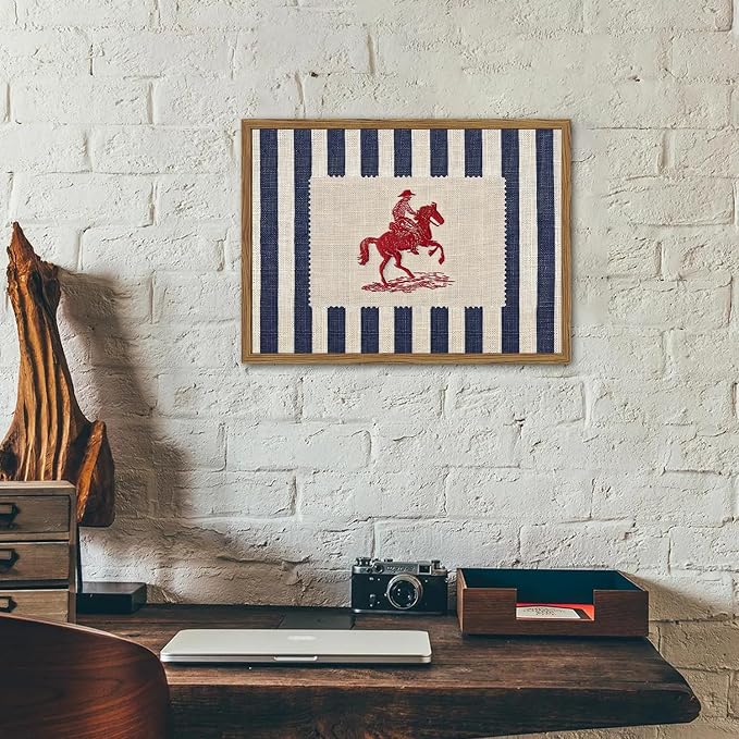 Vintage Western Wall Art Mid Century Striped Cowboy Wall Decor Painting Blue and White Southwest Poster Canvas Print for Bedroom Lving Room 16x24 inch Wood Framed