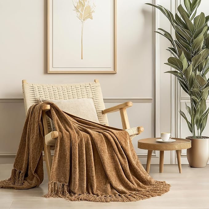 Chenille Knit Throw Blanket for Couch, 60"x80", Warm Beige | Cozy Plush Fuzzy Knittd Throw with Tassels, Lightweight, Decorative, Farmhouse Decor, Ideal for Bed Sofa Gift, All Seasons