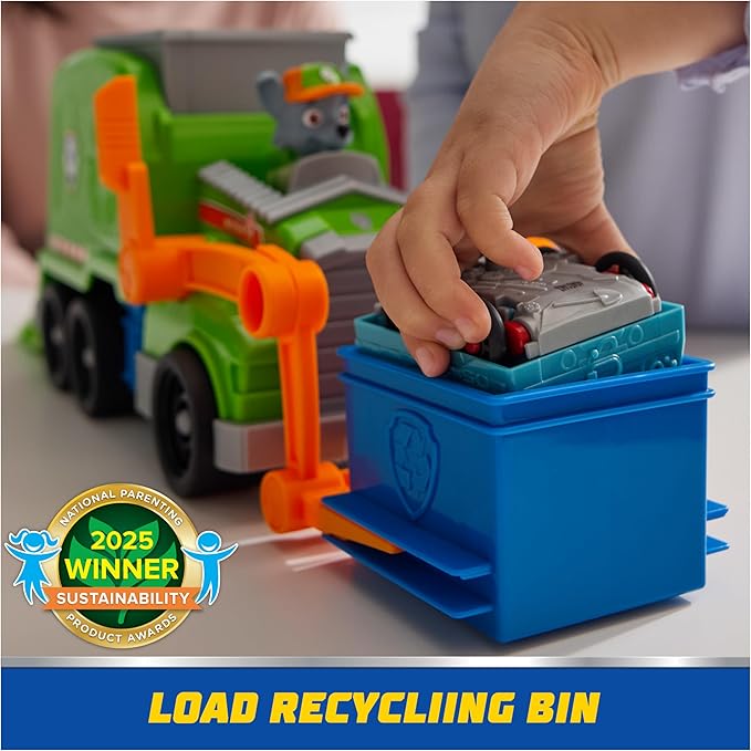 Paw Patrol: Crush N’ Roll Recycling Truck with Rocky Action Figure & Transforming Compacted Trash Vehicle, Kids Toys for Boys & Girls Ages 3 and up