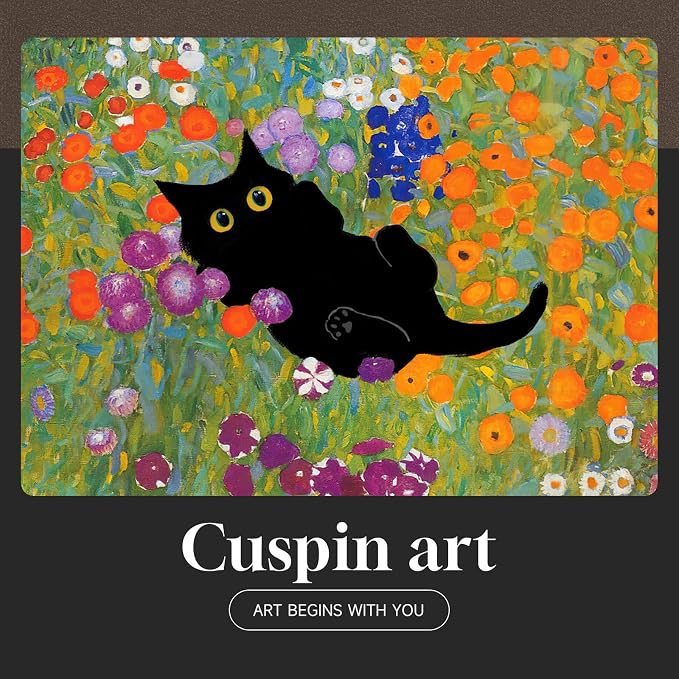 Framed Cat Bathroom Wall Art, 4 Piece Funny Cute Black Cat in Water Lilies Canvas Painting Prints Artwork, Garden Flowers Monet Cat Aesthetic Pictures for Bedroom Kitchen Living Room Home Decor, 11x14