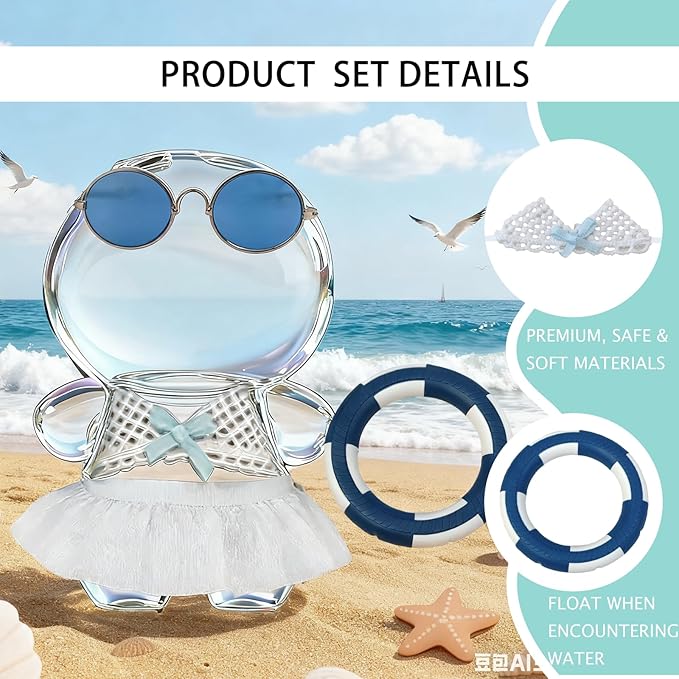 Swimsuit Party for 17cm Doll(No Dolls),5-Piece Set Including Clothes, Skirt, Blue Glasses, Blue Swimming Ring and Bell, Swimsuit Set, hot Party Style, Summer Beach Style,Blue Bow Outfit