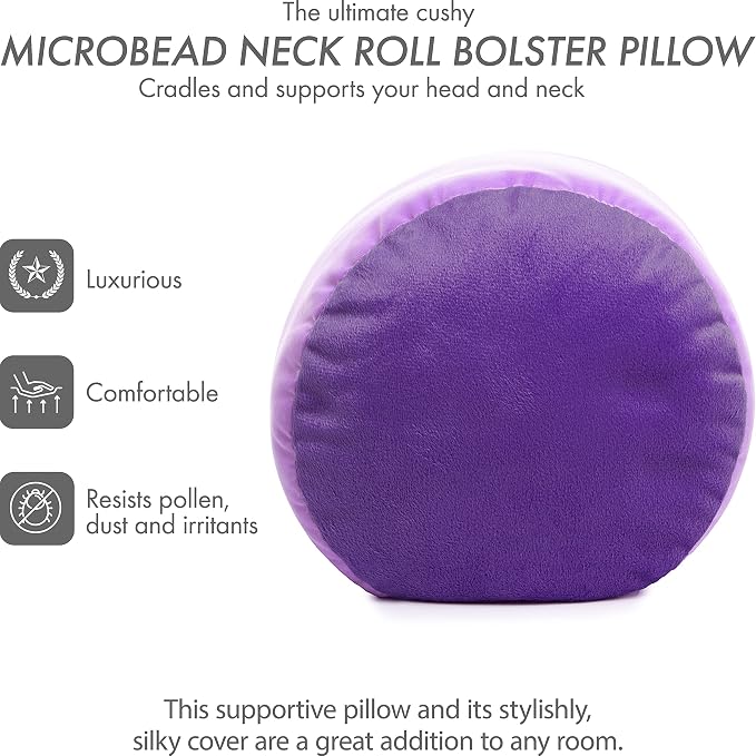 Microbead Bolster Neck Roll Pillow, Gently On Body, Head, Neck & Shoulders No Pain Rest, Relax Sleep - Silky Feel Prevent Wrinkles & Hair Breakage - Lightweight Cylinder, 14" x 8", Pale Purple