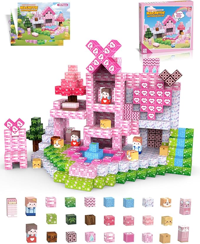 Magnetic Blocks Large 1 Inch 220 PCS, Super Strong Magnets, Magnetic Building Cubes for Girls, Pink Dream House STEM Educational Construction Kit for Kids Ages 3-5, 4-8, 8-12 | Ideal Gift