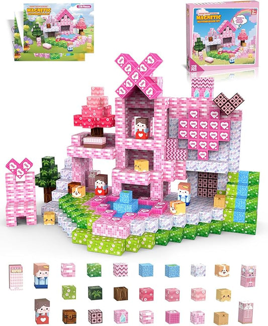Magnetic Blocks Large 1 Inch 220 PCS, Super Strong Magnets, Magnetic Building Cubes for Girls, Pink Dream House STEM Educational Construction Kit for Kids Ages 3-5, 4-8, 8-12 | Ideal Gift