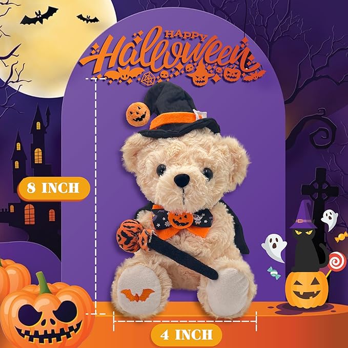 Teddy Bear Stuffed Animal Wizard Bear - Wizard Plush Toy for Party Decorations - 8 Inch Cute Orange Bear Plushies Stuffed Animal with Pumpkin Hat & Magic Wand