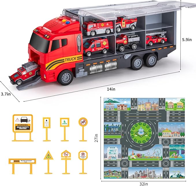 Toddler Toys for 3-9 Years Old Boys Die-cast Emergency Fire Rescue Vehicle Double Side Transport Car Toy Set W/Play Mat, Alloy Metal Fire Truck Gifts for Age 3 4 5 6 Kids Boys Girls Birthday Party