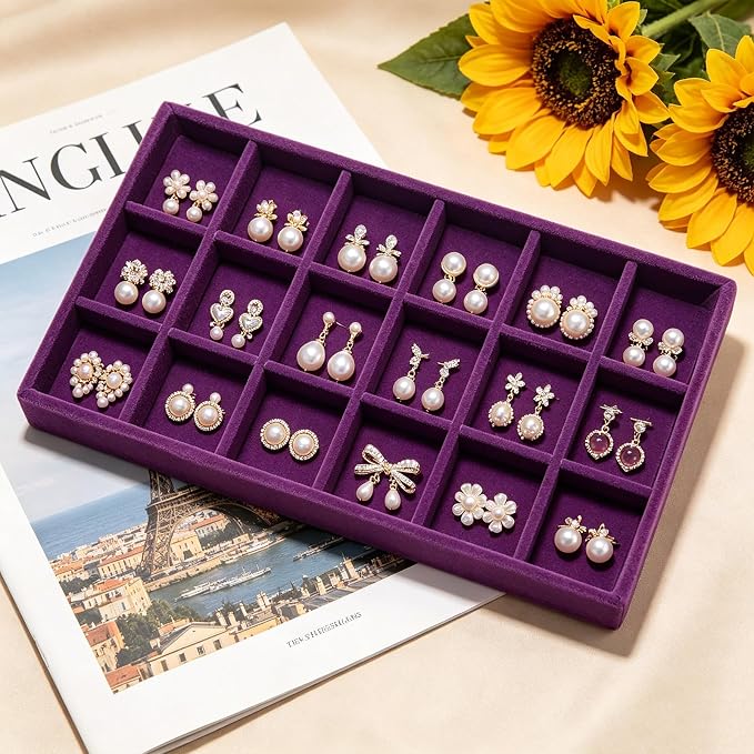 Velvet Jewelry Trays for Drawers, Purple 18 Grids | Stackable Jewelry Drawer Organizer Inserts, Ring Earring Holder Organizer Storage Display Tray with Removable Dividers