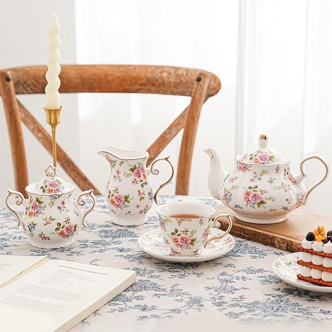 Agyiuns Flower Ceramic Teapot,22oz Porcelain Tea pot for Tea Coffee Milk for Office Home Men Women as Gift(White and small flowers)