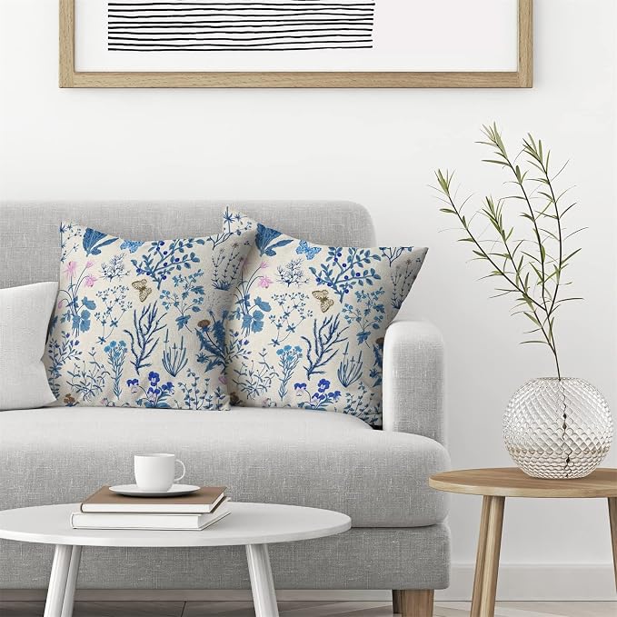 AEIOAE Summer Pillow Covers 16x16 Inch Set of 2,Blue Wild Flower Plant Throw Pillows Case,Seasonal Floral Outdoor Decorative Square Linen Farmhouse Decor Cushion Covers for Home Sofa Bed Couch
