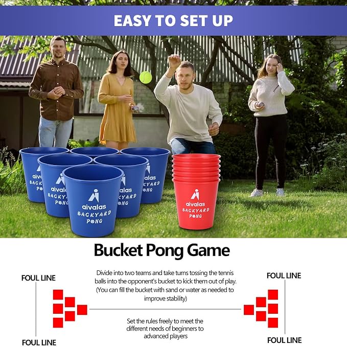 Aivalas Yard Pong Outdoor Games, Giant Yard Games Set with 12 Buckets and Balls for Adults and Family, Toss Game Throwing Games for Beach, Camping, Lawn and Backyard