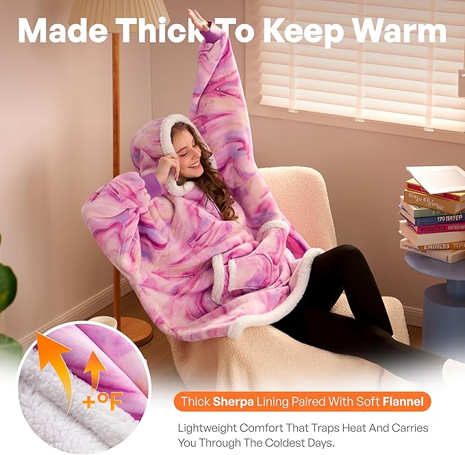 Giggling Getup Wearable Blanket Hoodie for Adults Gifts for Teen Girls Sister Women Sherpa Fleece Printed Hooded Blanket Sweatshirt Warm Cozy with Pocket & Sleeves Purple Texture Pattern