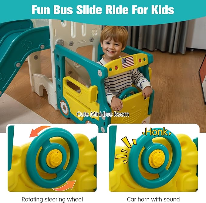 NYEEKOY 9-in-1 Toddler Slide, Bus-Themed Baby Slide and Climber Playset with Basketball Hoop, Ring-Toss, Car Playhouse, Kids Indoor and Outdoor Playground