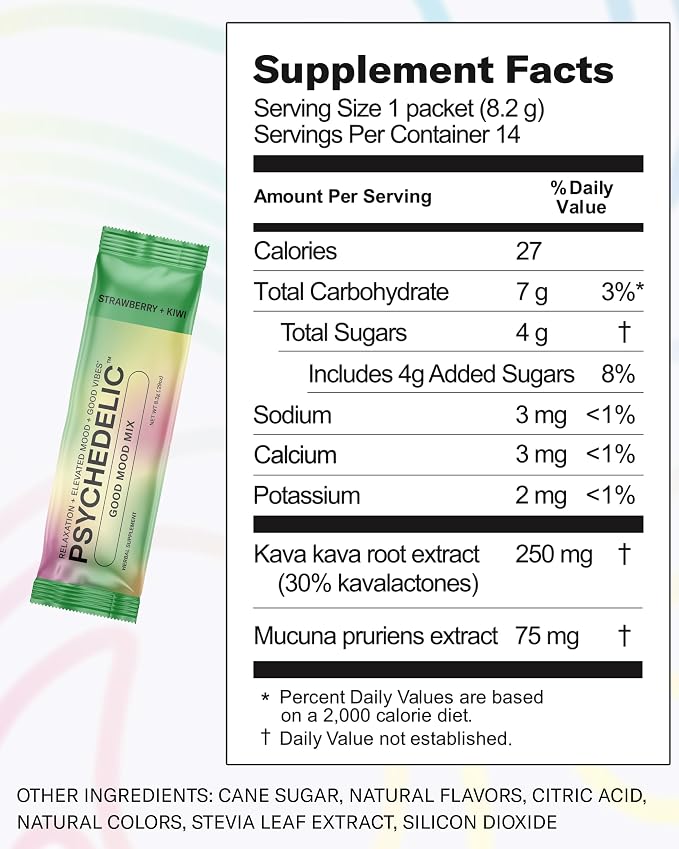 Psychedelic Water Calming Kava Drink Mix - Kava kava Flavored Drink Mix - Easy Open Single-Serving - Flavored Kava - Mucuna Pruriens - Stevia - Adaptogen Mocktails - 14 Sticks - Strawberry Kiwi