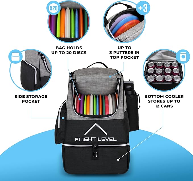 Flight level Disc Golf Backpack with Insulated Cooler | Frisbee Disc Golf Bag | Large Capacity up to 20 Discs