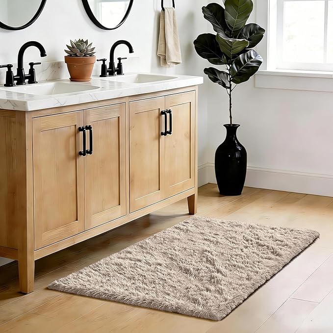 Fluffy Rug Shag Area Rug, Beige 3x5 Area Rugs for Bedroom, Small Bedside Rug, Soft Fluffy Shag Entryway Throw Rugs for Living Room Bedroom Room Home Decor