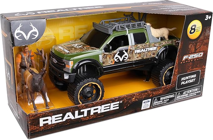 NKOK Realtree Camo 1/18 Scale Free-Wheel 8-PC Play Set, Ford F-250 Super Duty w/Accessories: Roll Bar, Roof Rack, Light Bar, Working Doors and Tailgate, Game Hoist, Hunter, Bow&Arrows, Dog & Elk