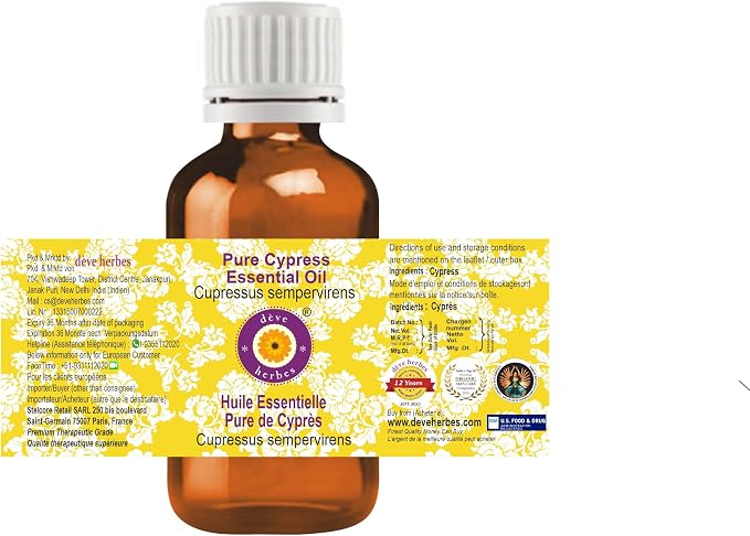 Deve Herbes Pure Cypress Essential Oil (Cupressus sempervirens) Steam Distilled 10ml (0.33 oz)