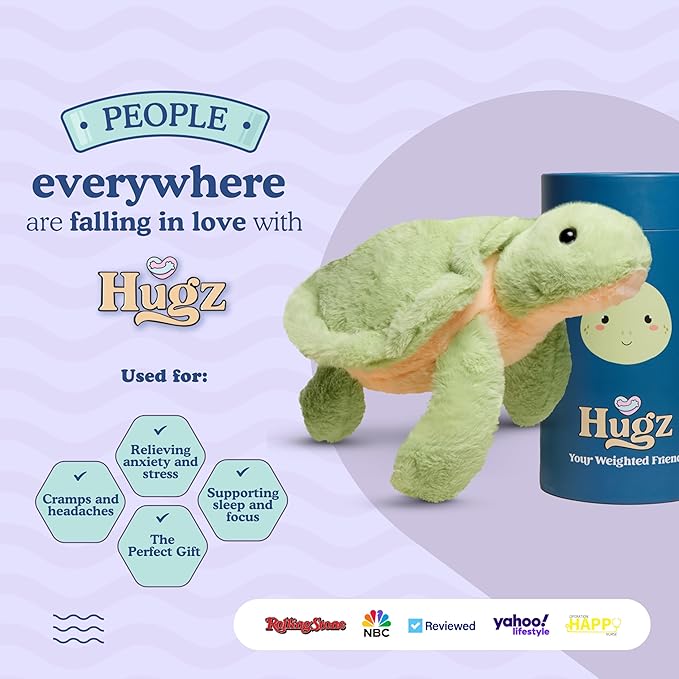 Hugz Official Shelly The Turtle – Premium Weighted Stuffed Plushie 3.8 lb for Adults & Kids – Microwavable Stuffed Animal – Heatable & Coolable – Super Soft Fur – Gift Ready Tube Packaging