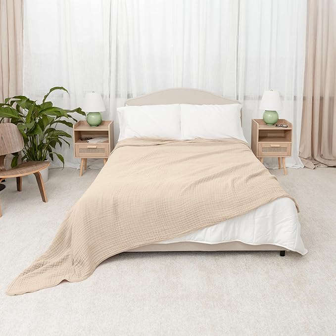 Comfy Cubs Adult Muslin Blanket 90x90” Queen Swaddle Blankets, Sand | 6 Layer Soft, Breathable & Lightweight Muslin Adult Blanket - Machine Washable & Designed in the US Bedding for All Seasons