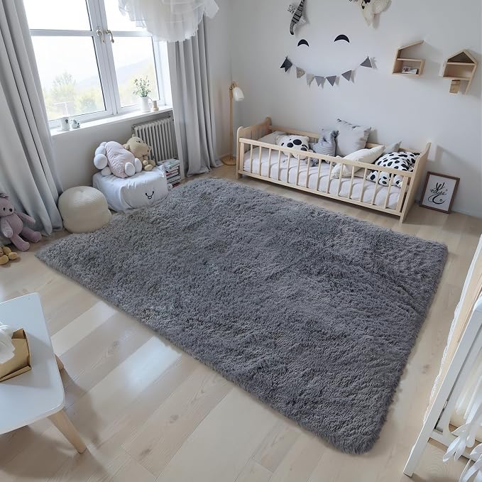 KICHOWUA Grey Fluffy 9x12 Area Rug Bedroom Living Room Soft Washable Shag | Gray Plush Fuzzy Rug Kids Room Nursery Dorm Decor Baby Toddler, Soft Washable Shag Carpet