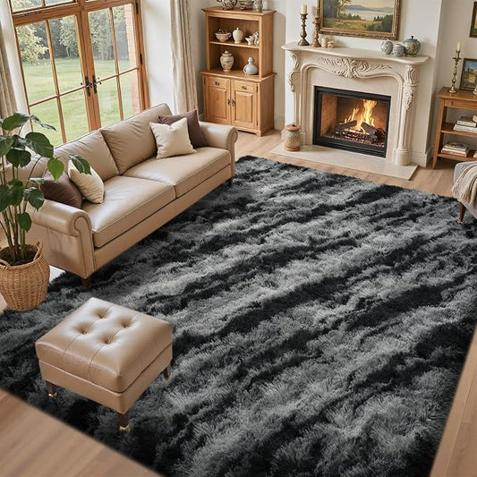 5x8 Ft Area Rugs for Living Room, Black Plush Fluffy Shaggy Bedroom Rugs Non-Slip, Ultra Soft Carpet for Nursery Kids PlayRoom Dorm Office Indoor
