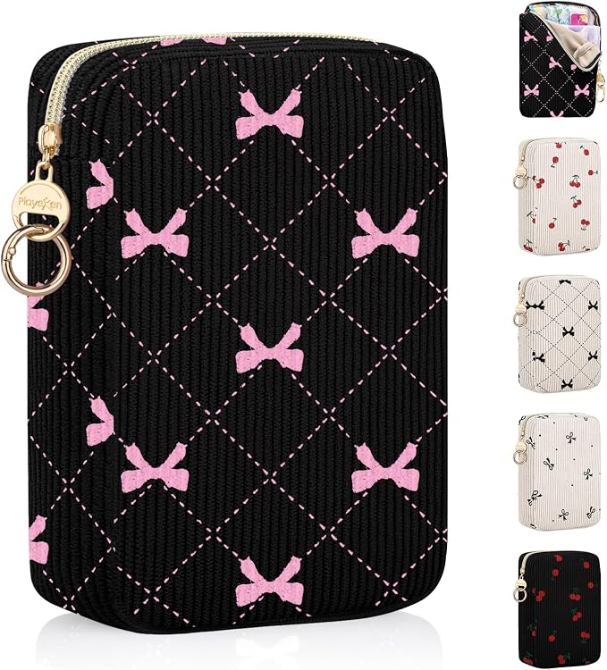 Corduroy Tampon Holder for Purse, Cute Rectangle Period Bag with Ring Buckle, Portable Tampon Bag Organizer Case for Feminine Products (Bow-Black)