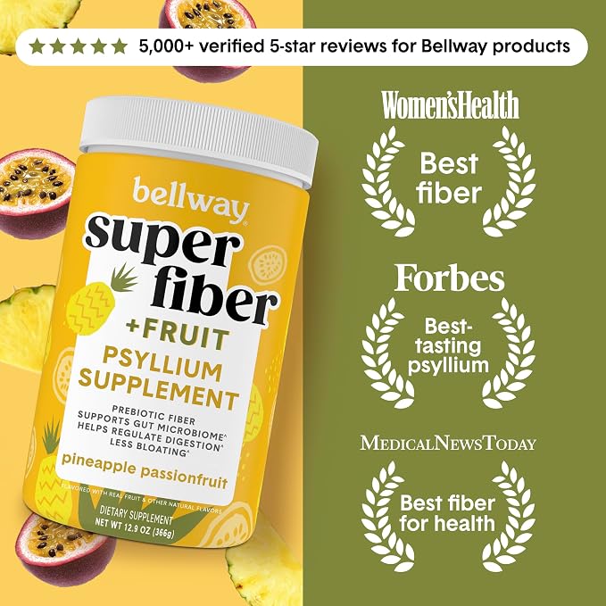 Bellway Super Fiber Powder + Fruit, Sugar Free Organic Psyllium Husk Powder Fiber Supplement for Regularity, Bloating Relief & Digestive Health, Plant-Based, Pineapple Passion Fruit (50 Servings)