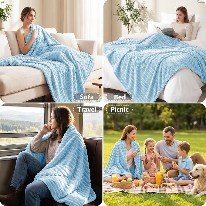 Light Blue Twin Blanket for Bed & Couch, 60 x 80 Inch | 300GSM Ribbed Fleece Blanket, Soft, Cozy & Lightweight, OEKO-TEX Certified, All-Season Use for Travel, Dorm & Home Decor