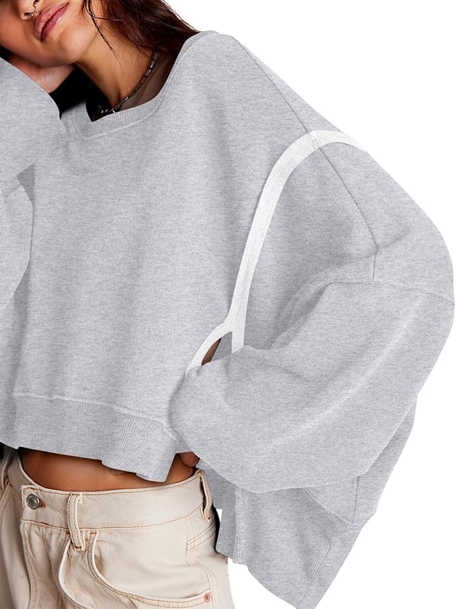 Zwurew Womens Casual Sweatshirt Cropped Shirts | Loose Fit, Tee Top, Pullover, Crop Hem, Design Trim, Daily Tops