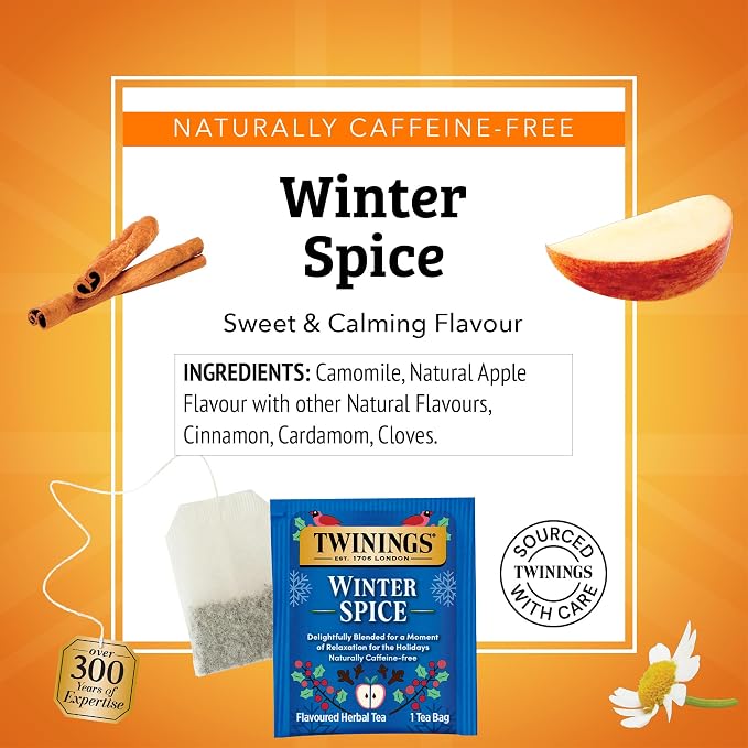 Twinings Winter Spice Herbal Tea Individually Wrapped, 20 Count (Pack of 1), Camomile, Apple, Cinnamon, & Clove, Naturally Caffeine-Free, Enjoy Hot or Iced, 20 Teabags