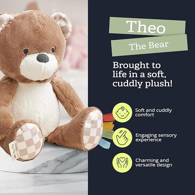 Itzy Ritzy Snuggles Plush Toy – Soft Stuffed Animal for Babies, Kids & Adults – Sensory Ribbons & Textured Fabrics for Tactile Play – Cozy & Cuddly Companion for Newborns & Up (Bear)
