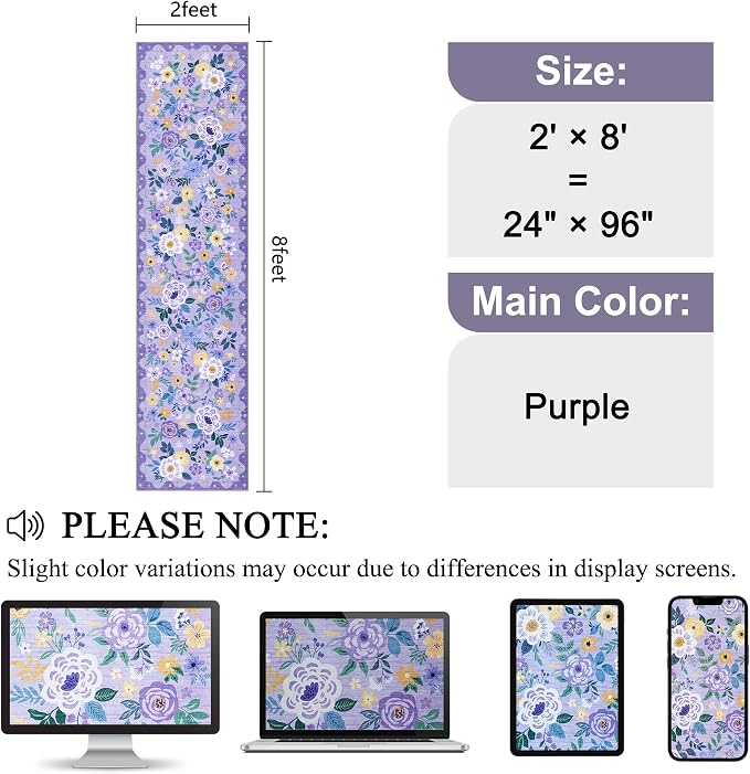 DUKINO 2x8 Runner Rug, Washable Runner Rug for Kitchen Non Slip, Purple | Low Pile, Floral, Soft Indoor Rug for Hallway, Entryway, Bedroom, Bathroom, Pet Friendly, Stain Resistant, Modern Home Decor