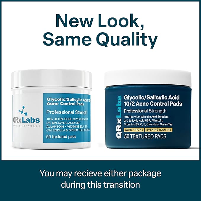 QRxLabs Salicylic & Glycolic Acid Acne Clearing Pads - 2% Salicylic & 10% Glycolic Acid - Exfoliating Pads for Acne, Bacne, Butt Acne, Body Acne - Daily Pads - 50ct