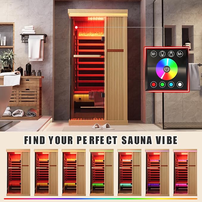MEISSALIVVE Full Spectrum Infrared Sauna，1 Person Home Sauna，Canadian Hemlock Wood Indoor Spa Sauna with Resonance Speaker and Tempered Glass