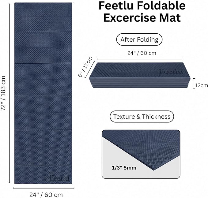 Foldable Yoga Exercise Mat, 6mm/8mm/10mm/12mm Thickness, 72 x 24 Inch - Lightweight, Anti-Slip, and Easy to Store for Yoga, Pilates, Home Workouts, and Floor Exercises
