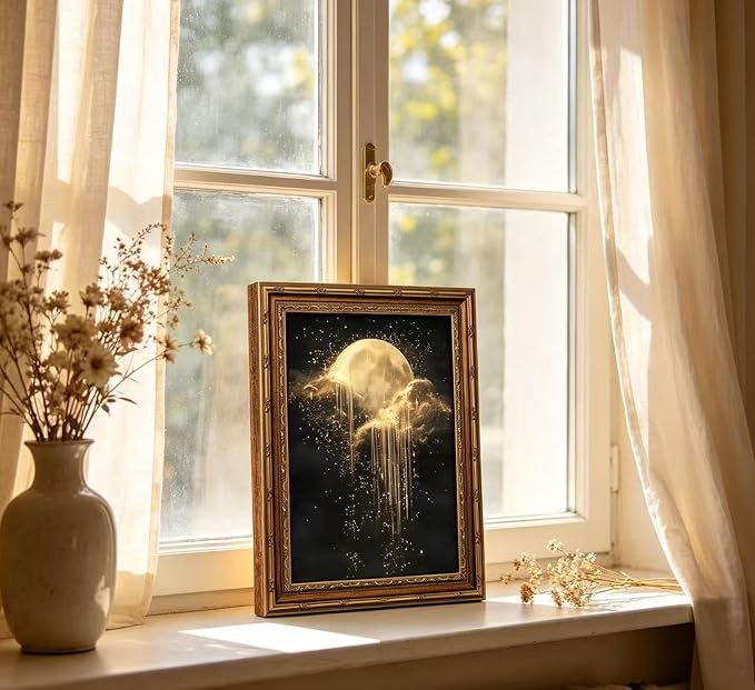 Vintage Gold Framed Golden Moon Celestial Wall Art,Moody Celestial Painting Canvas Print,Glittering Golden Rain & Sparkling Stars Wall Decor,Gothic Night Sky Stars Artwork,for Bedroom Living Room Bathroom