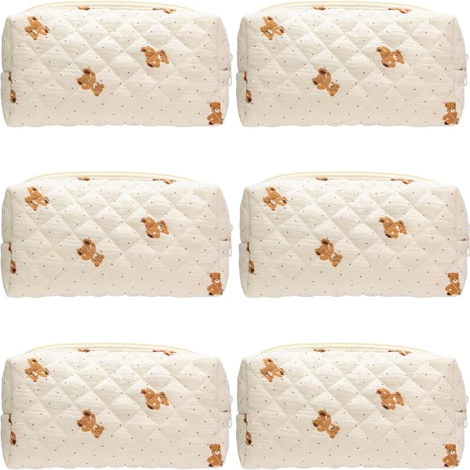 PAZIMIIK Small Quilted Makeup Bag,Zipper Cosmetic Pouch,Gauze Bear,6 Pack | Lightweight Cosmetic Bag Organizer for Women,Purse Storage Holds Makeup,Toiletries,Skincare,Beauty Essentials,Travel Items