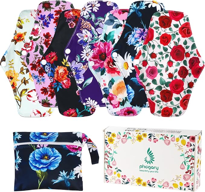 PHOGARY Reusable Menstrual Pads, Breathable Mesh Surface Cloth Sanitary Pads Set for Heavy Flow with Wet Bag, Washable Overnight Cloth Panty Liners with Wings for Women