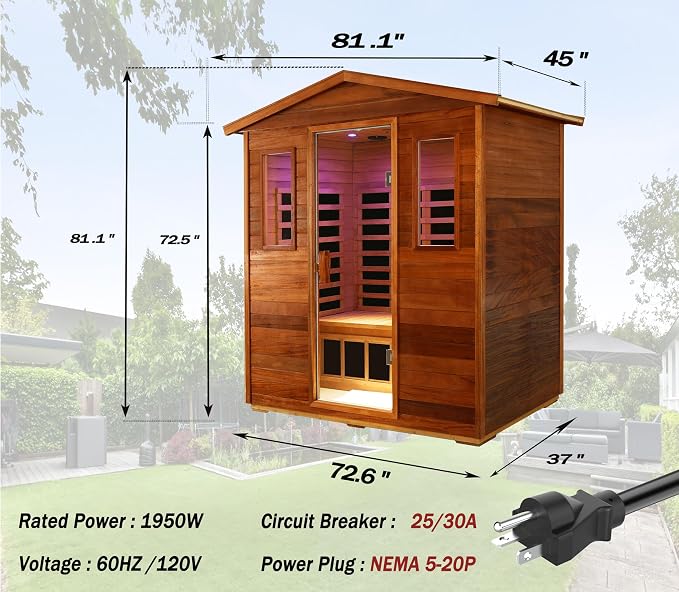 Full Spectrum Ultra-Low EMF Outdoor Sauna 4-Person, Mahogany Far Infrared Saunas for Home, Near&Mid-IR Light, EMF 0.1-4mG, Bluetooth & Chromotherapy