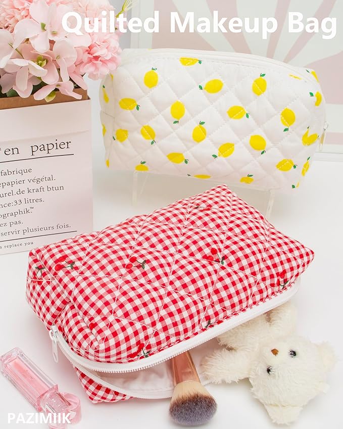 Small Quilted Makeup Bag,Zipper Cosmetic Pouch,Gingham Red Cherry,6 Pack | Lightweight Cosmetic Bag Organizer for Women,Purse Storage Holds Makeup,Toiletries,Skincare,Beauty Essentials,Travel Items
