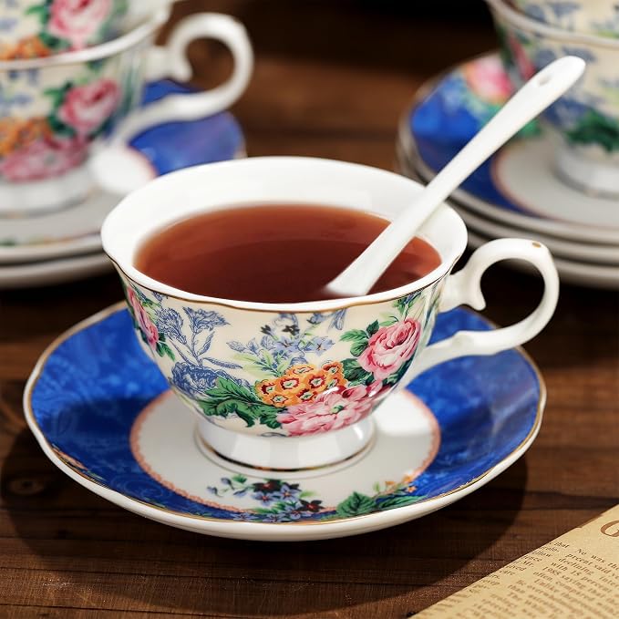 fanquare 21-Piece Blue Lace Porcelain Tea Set, China Coffee Cup and Saucer Set for 6, Pink Flower Tea Sets for Adults Women