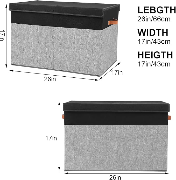 Large Toy Storage Box with Lid, Toy Chest Bin Boxes Basket with Dividers | Sturdy Toy Organizer Bin for Kids, Boys, Girls, Nursery, Living Room, Bedroom, Playroom 25"x13" x16" (Black and Grey)